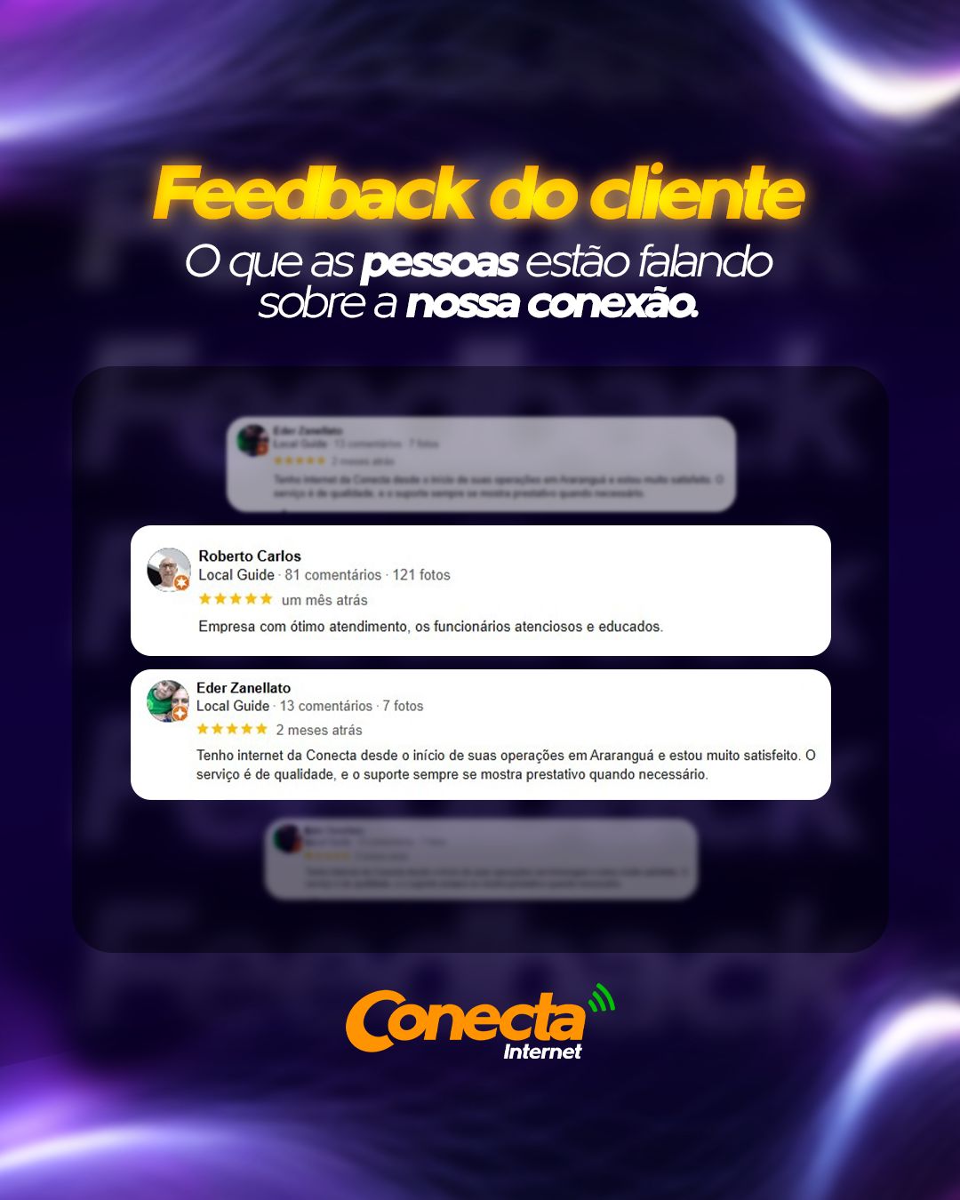 Não é só a gente que fala, nossos clientes também estão amando a qualidade e a estabilidade da Conecta Internet! 💬📶
Quer saber mais? Venha você também fazer parte da nossa comunidade de clientes satisfeitos!
#FeedbackDeCliente #ConectaInternet #ConexãoDeQualidade #ClientesSatisfeitos #OQueElesEstãoFalando